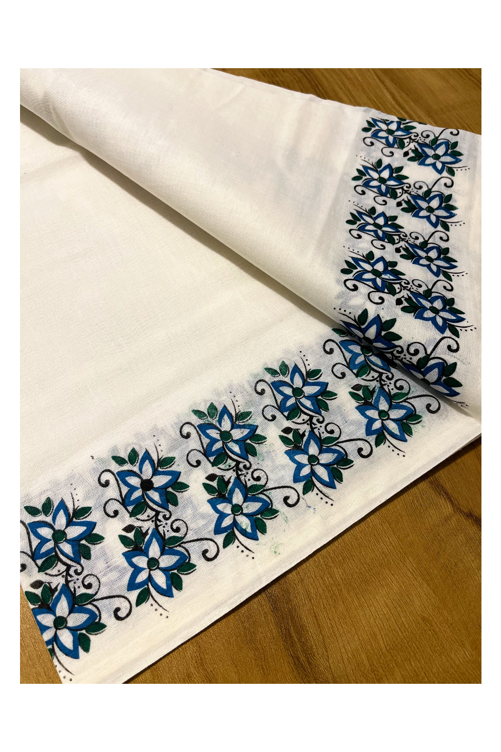 Pure Cotton Kerala Set Mundu (Mundum Neriyathum) with Blue Floral Block Printed Border