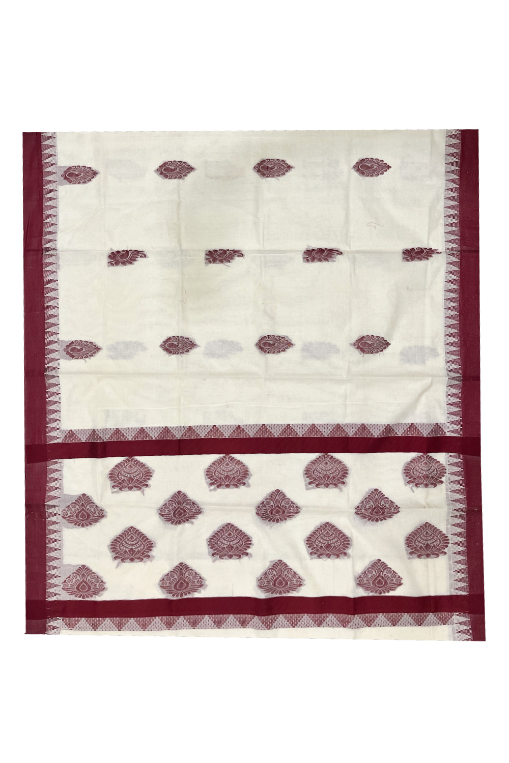 Pure Cotton Kerala Saree with Maroon Heavy Woven Designs and Temple Border (Vishu 2024 Collection)