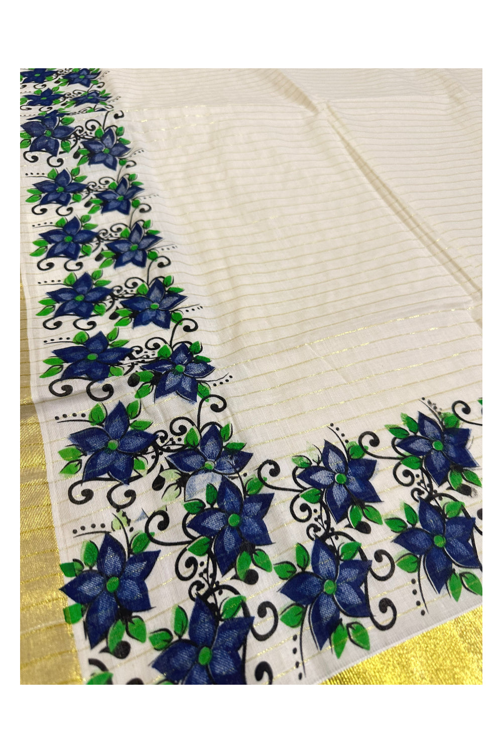 Kerala Pure Cotton Blue Floral Printed and Kasavu Lines Saree (Onam Saree 2023)