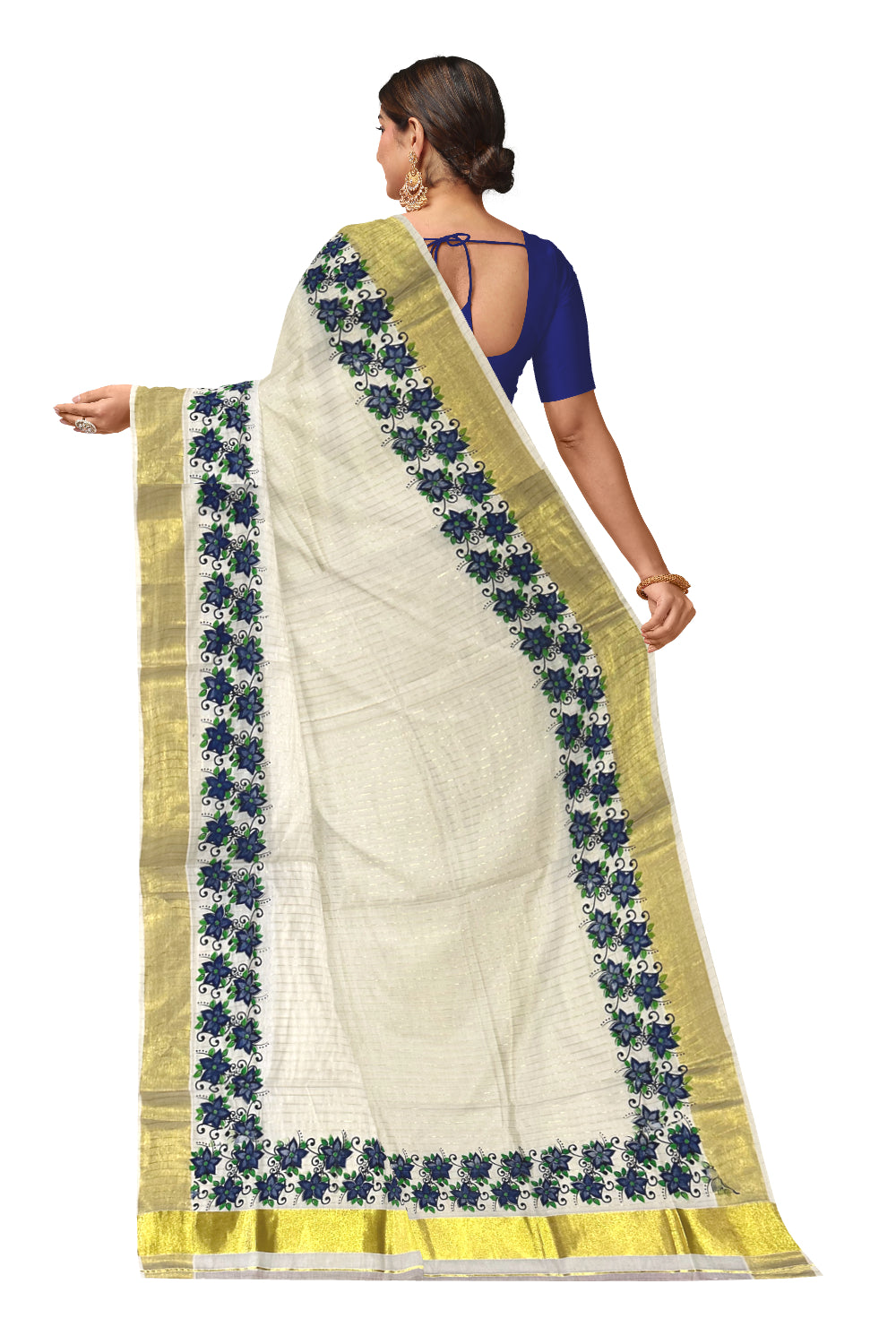 Kerala Pure Cotton Blue Floral Printed and Kasavu Lines Saree (Onam Saree 2023)