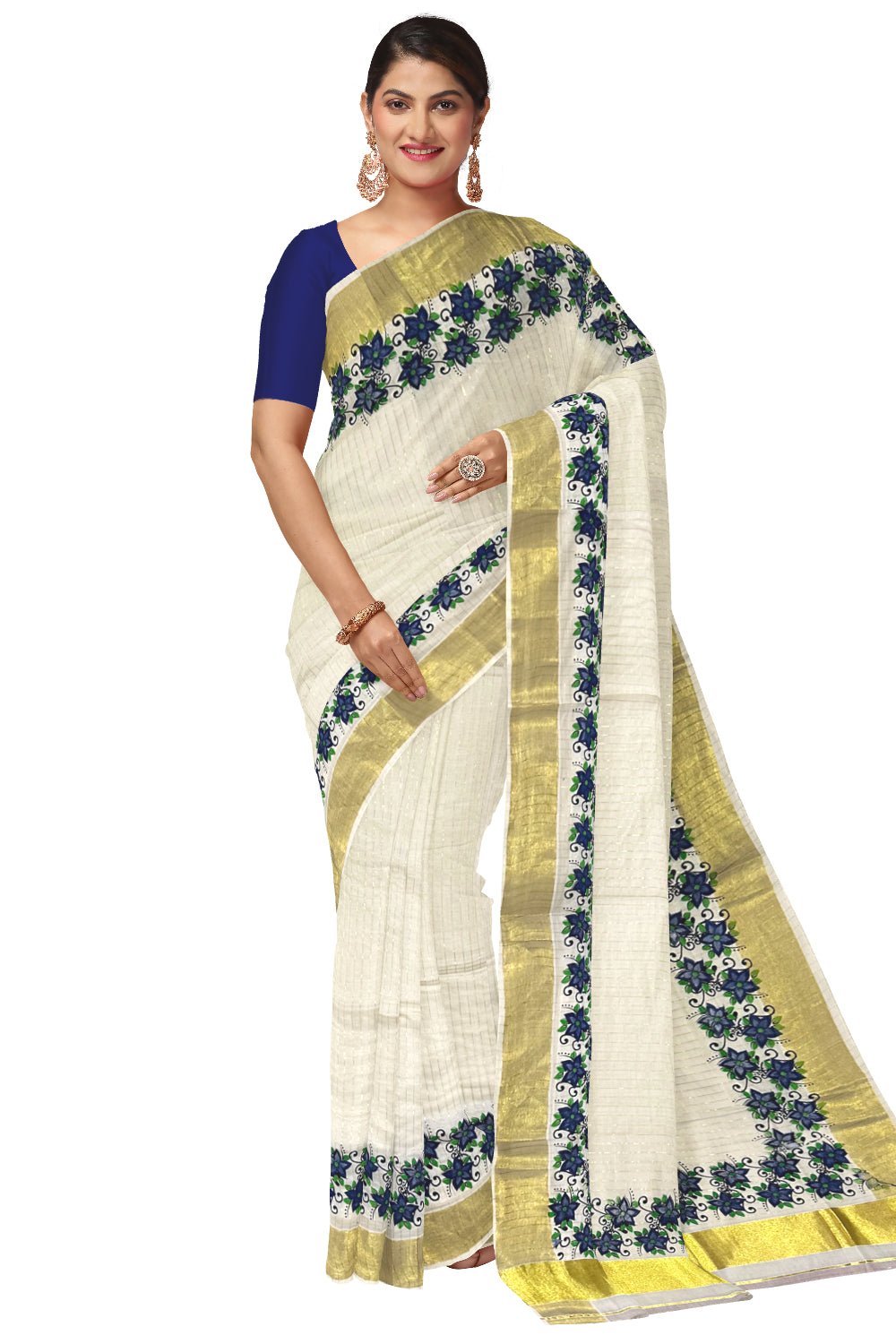 Kerala Pure Cotton Blue Floral Printed and Kasavu Lines Saree (Onam Saree 2023)