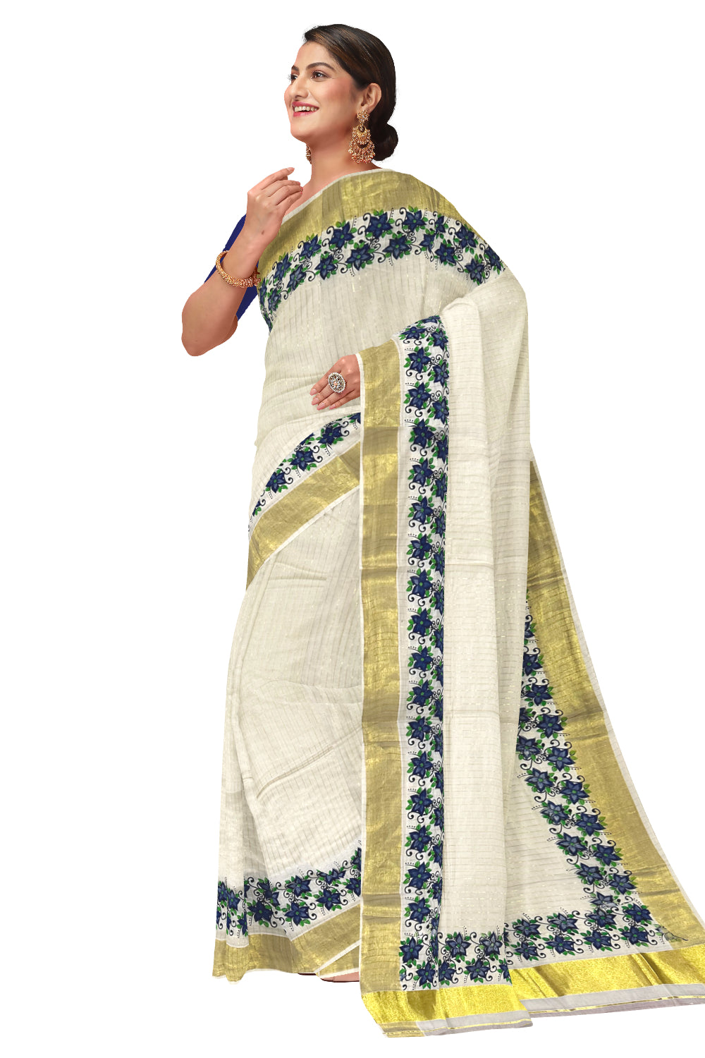 Kerala Pure Cotton Blue Floral Printed and Kasavu Lines Saree (Onam Saree 2023)