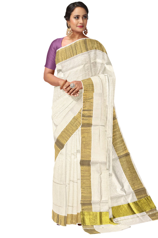 Kerala Cotton Kasavu Check Design Saree with 5x4 Border