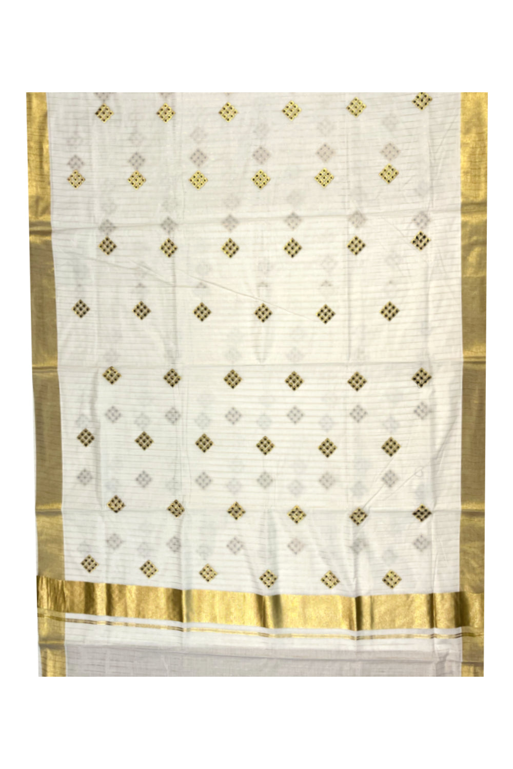 Kerala Cotton Kasavu Lines Saree with Green and Golden Embroidery Work