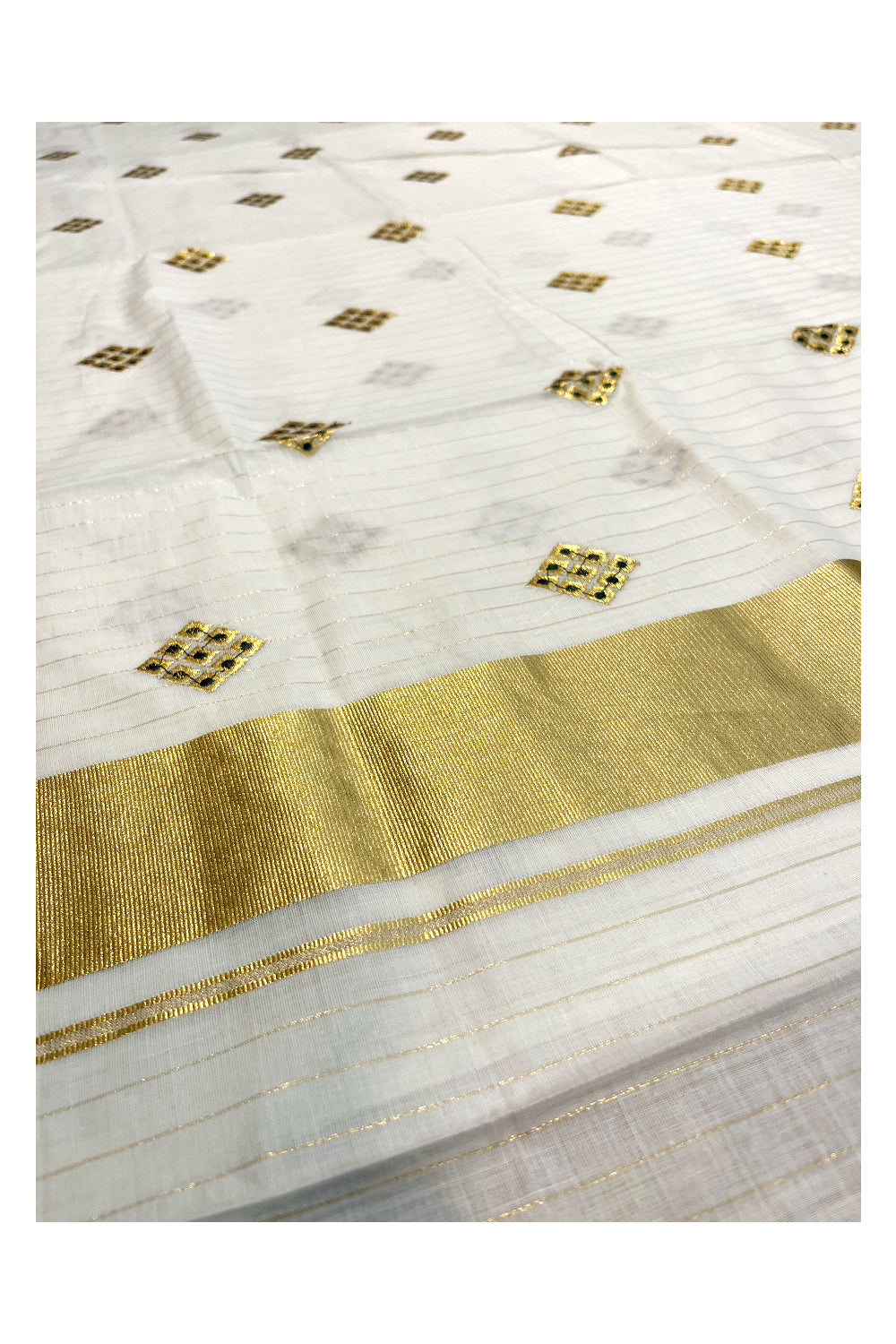 Kerala Cotton Kasavu Lines Saree with Green and Golden Embroidery Work