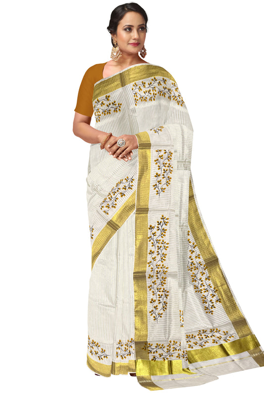 Pure Cotton Kerala Kasavu Saree with Kasavu Lines and Floral Block Prints Across Body
