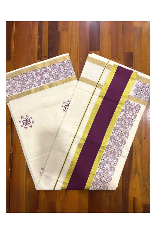 Pure Cotton Kerala Saree with Purple Block Printed Kasavu Border (Onam Saree 2023)