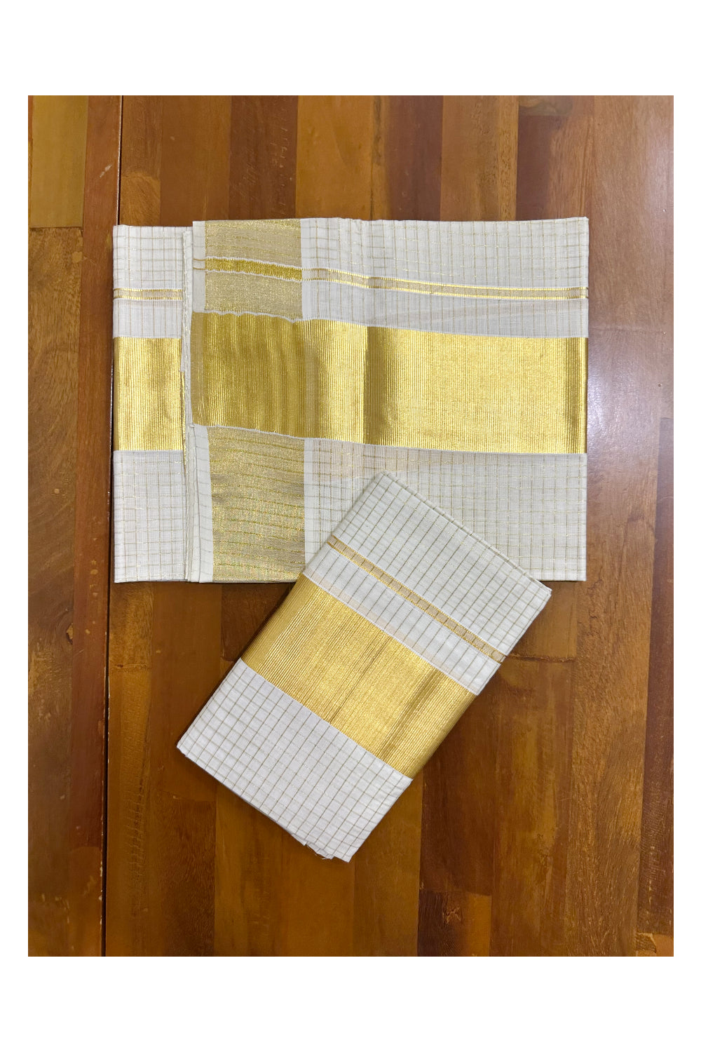 Pure Cotton Kerala Set Mundu with Kasavu Checks on Body (Handloom Quality Kasavu Used - 2.80 Mtrs)