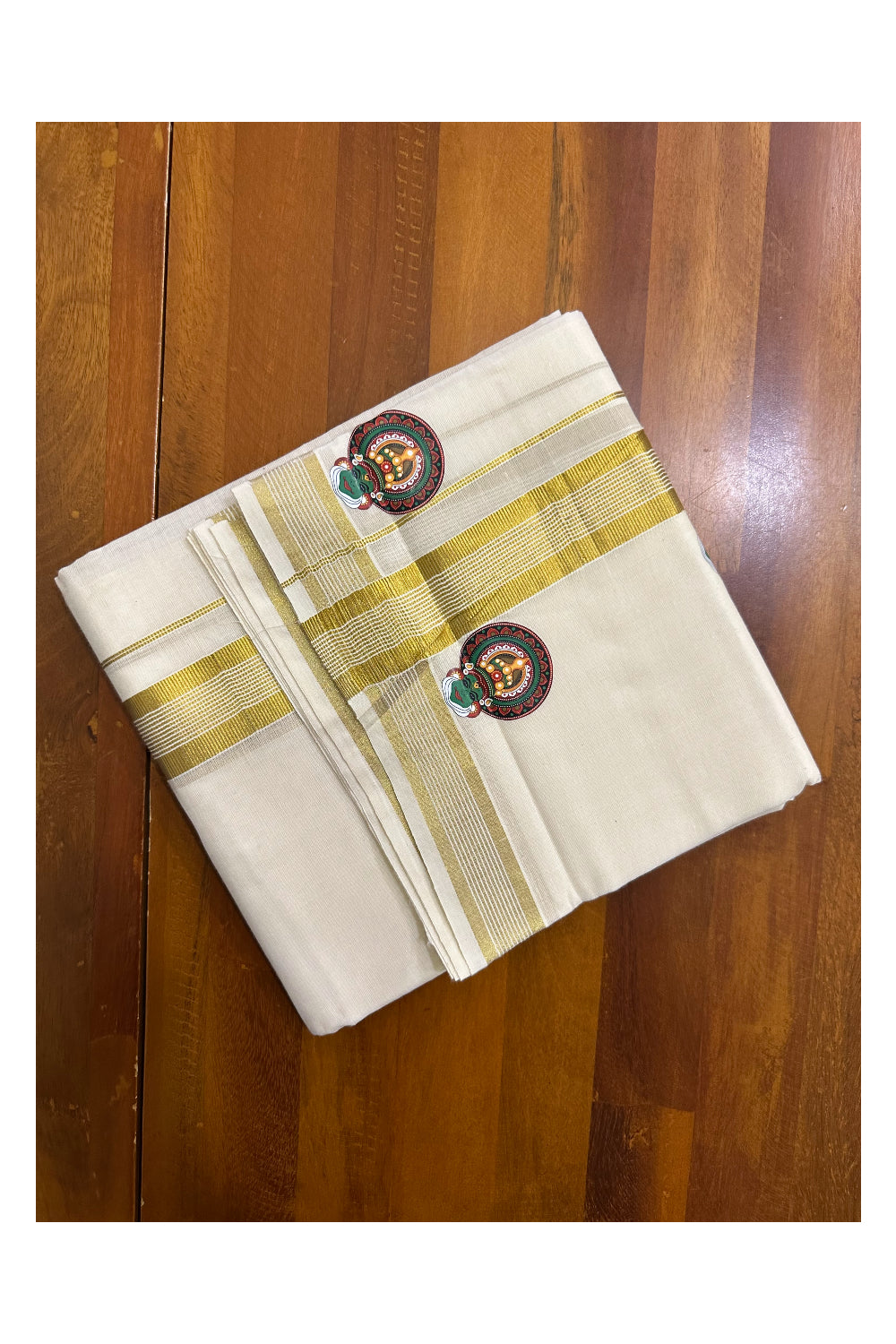 Southloom Lines Kasavu Double Mundu with Mural Print Along Kara