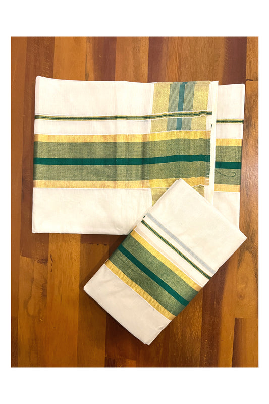 Pure Cotton Kerala Set Mundu (Mundum Neriyathum) Single with Green and Kasavu Border 2.80 Mtrs