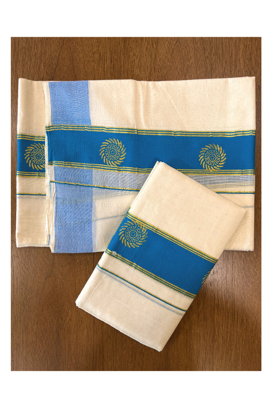 Cotton Single Set Mundu (Mundu Neriyathum) with Golden Block Prints on Light Blue Border