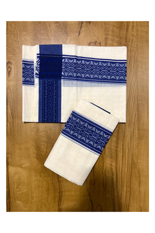 Kerala Cotton Single Set Mundu (Mundum Neriyathum) with Blue Block print Border 2.80Mtrs