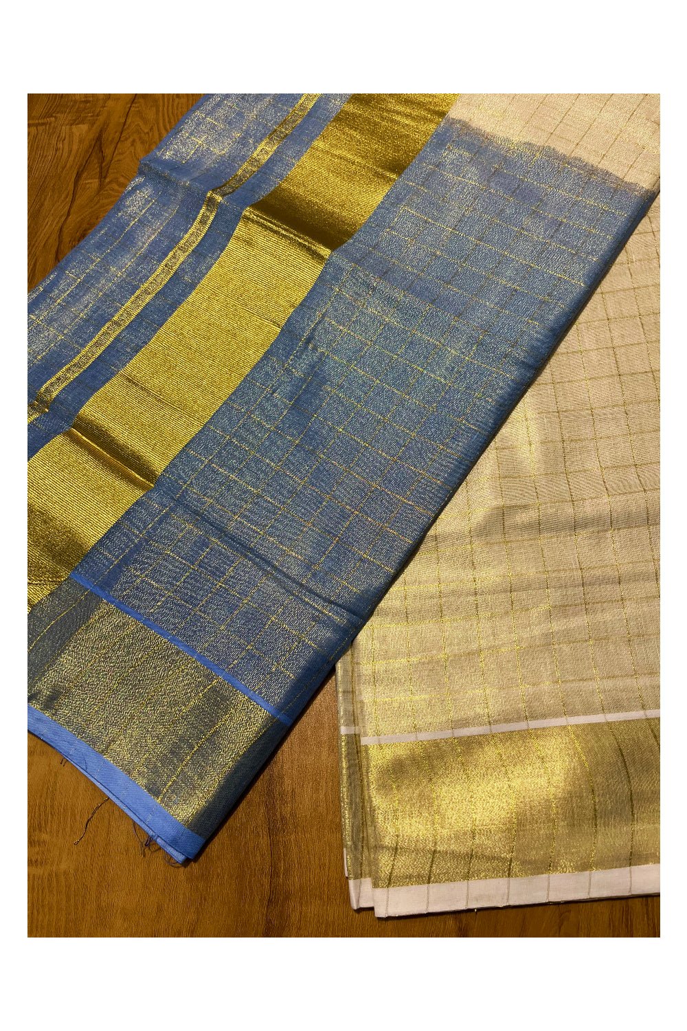 Southloom Tie & Dye - Half & Half  Multi Colour Blue Design Saree with Kasavu Checks Across Body