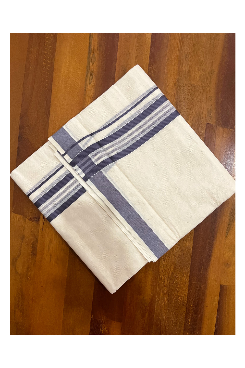 Kerala Cotton Double Mundu with Dark Grey Line Border (Onam Mundu 2023)