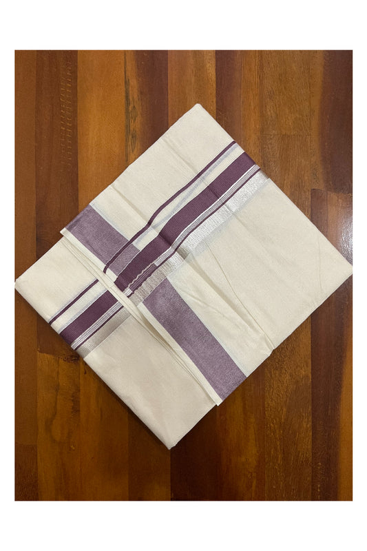 Pure Cotton Kerala Double Mundu with Light Purple and Silver Kasavu Kara (South Indian Kerala Dhoti)