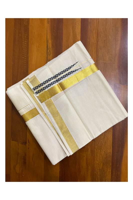 Kerala Pure Cotton Double Mundu with  Black Chutti Printed Designs on Kasavu Border (South Indian Kerala Dhoti)