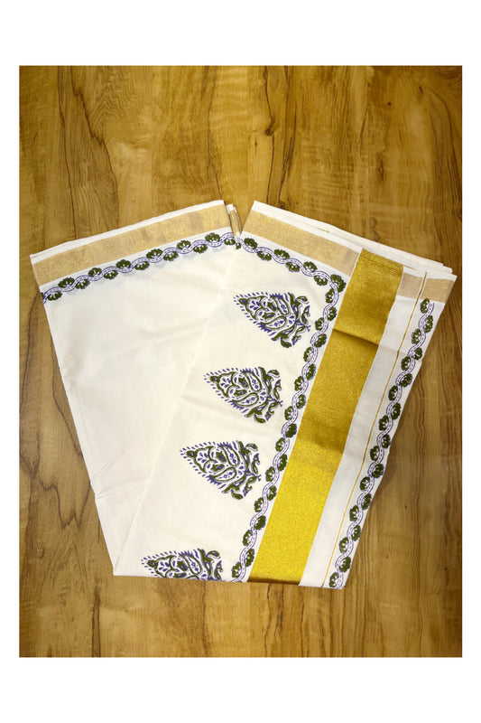 Southloom Cotton Kerala Kasavu Saree with Olive Green and Violet Block Prints On Border