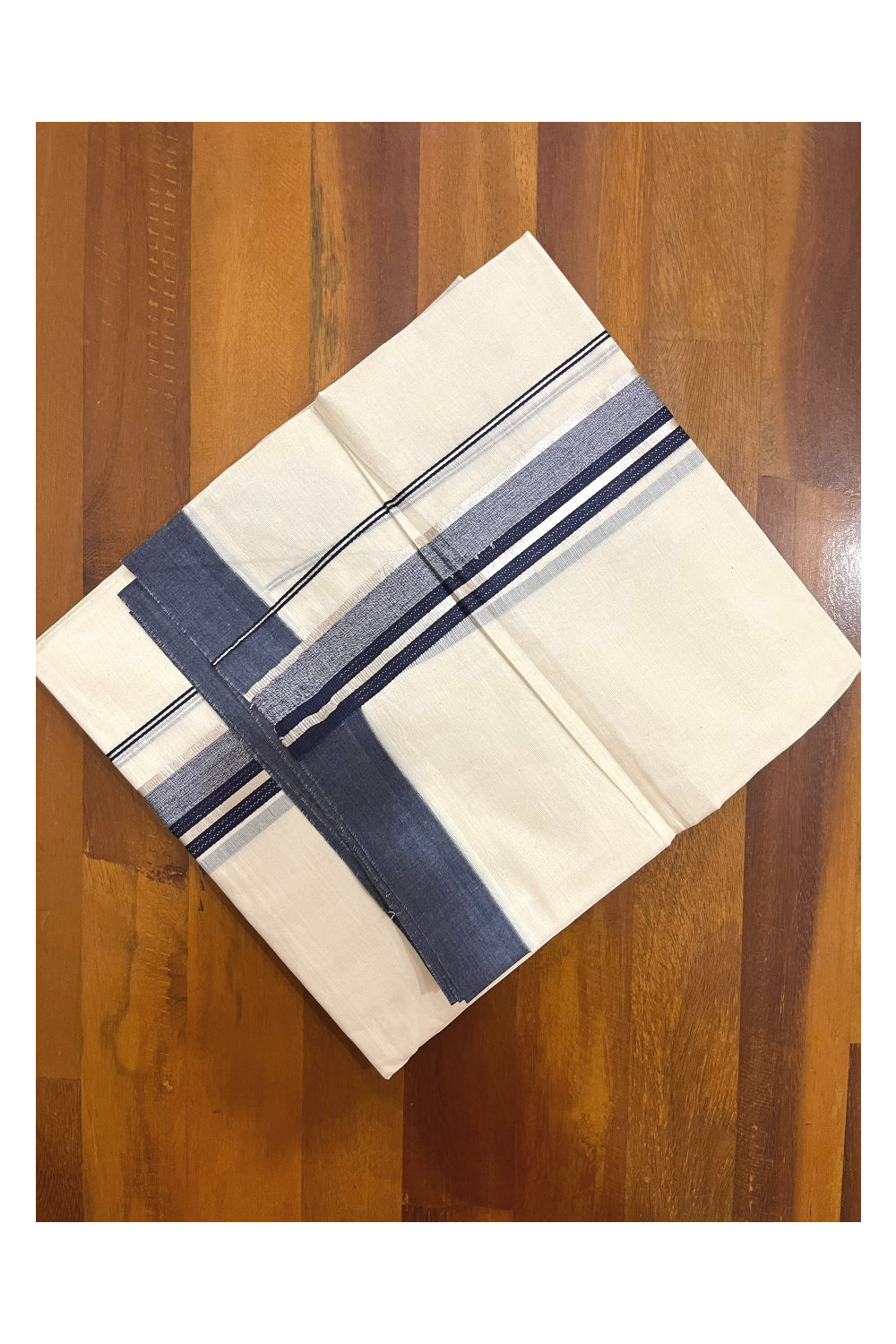 Pure Cotton 100x100 Double Mundu with Silver Kasavu and Dark Blue Border (Onam Mundu 2023)