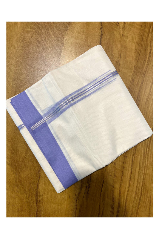 Pure Cotton Off White Double Mundu with Silver Kasavu and Lavender Chutti Border (South Indian Kerala Dhoti)