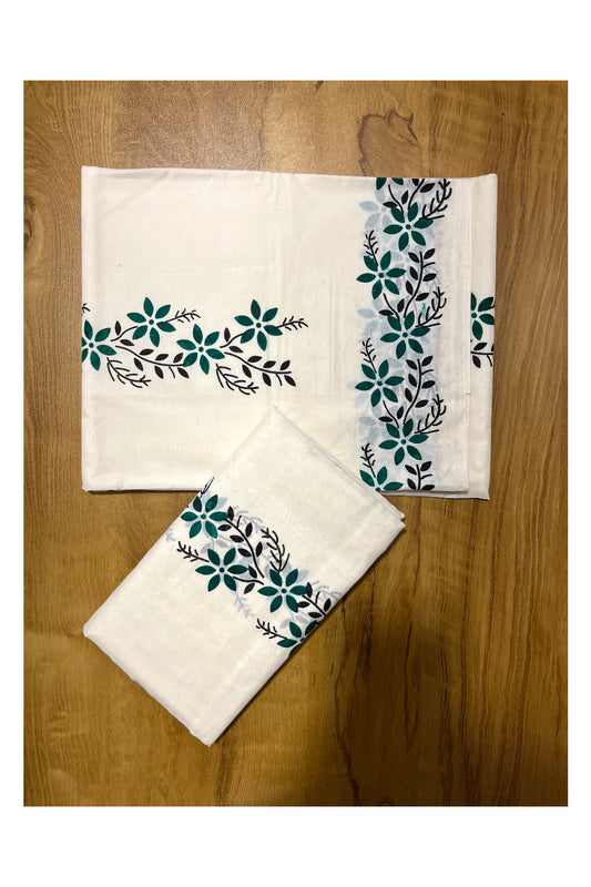 Pure Cotton Kerala Set Mundu (Mundum Neriyathum) with Green Floral Block Printed Border