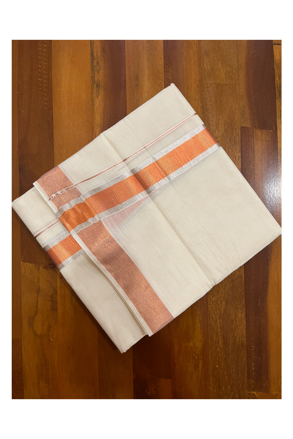 Off White Pure Cotton Double Mundu with Copper and Silver Kasavu Kara (South Indian Kerala Dhoti)