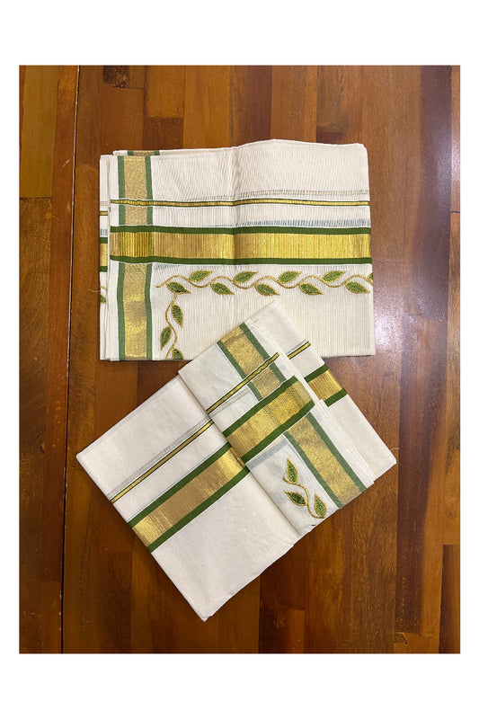 Kerala Cotton Mundum Neriyathum Single (Set Mundu) with Light Green Golden Floral Embroidery Designs in Light Green and Kasavu Border