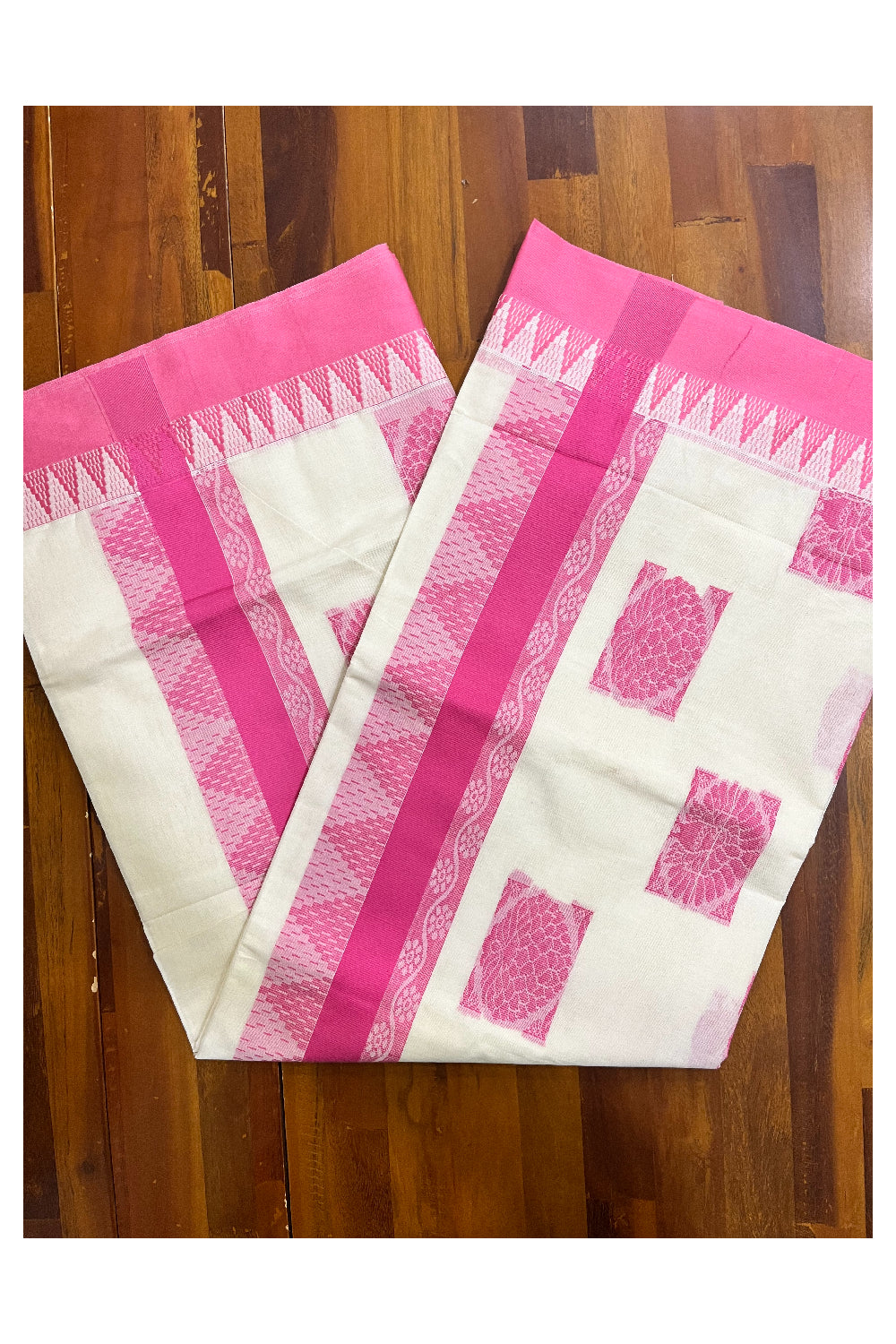 Pure Cotton Kerala Saree with Pink Heavy Woven Designs and Temple Border (Vishu 2024 Collection)