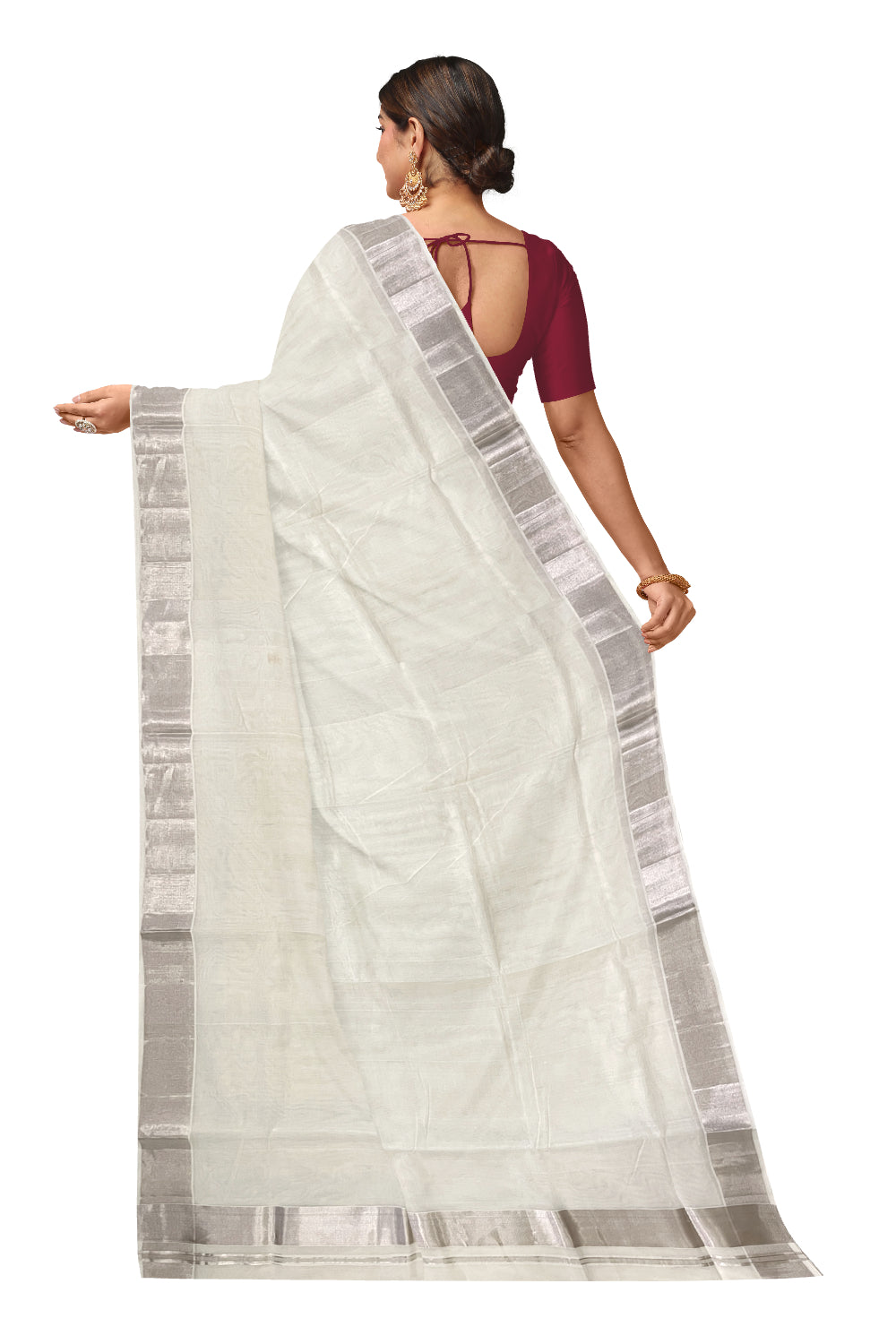 Southloom™ Handloom Pure Cotton Plain Saree with 3 inch Silver Kasavu Border