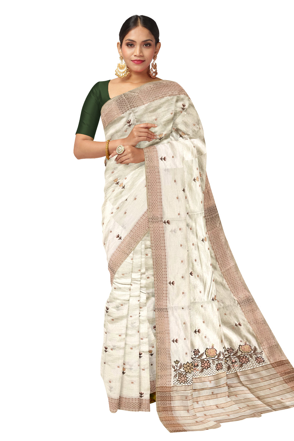 Southloom Off White Thread Work Cotton Saree with Hacoba Floral Designs on Munthani