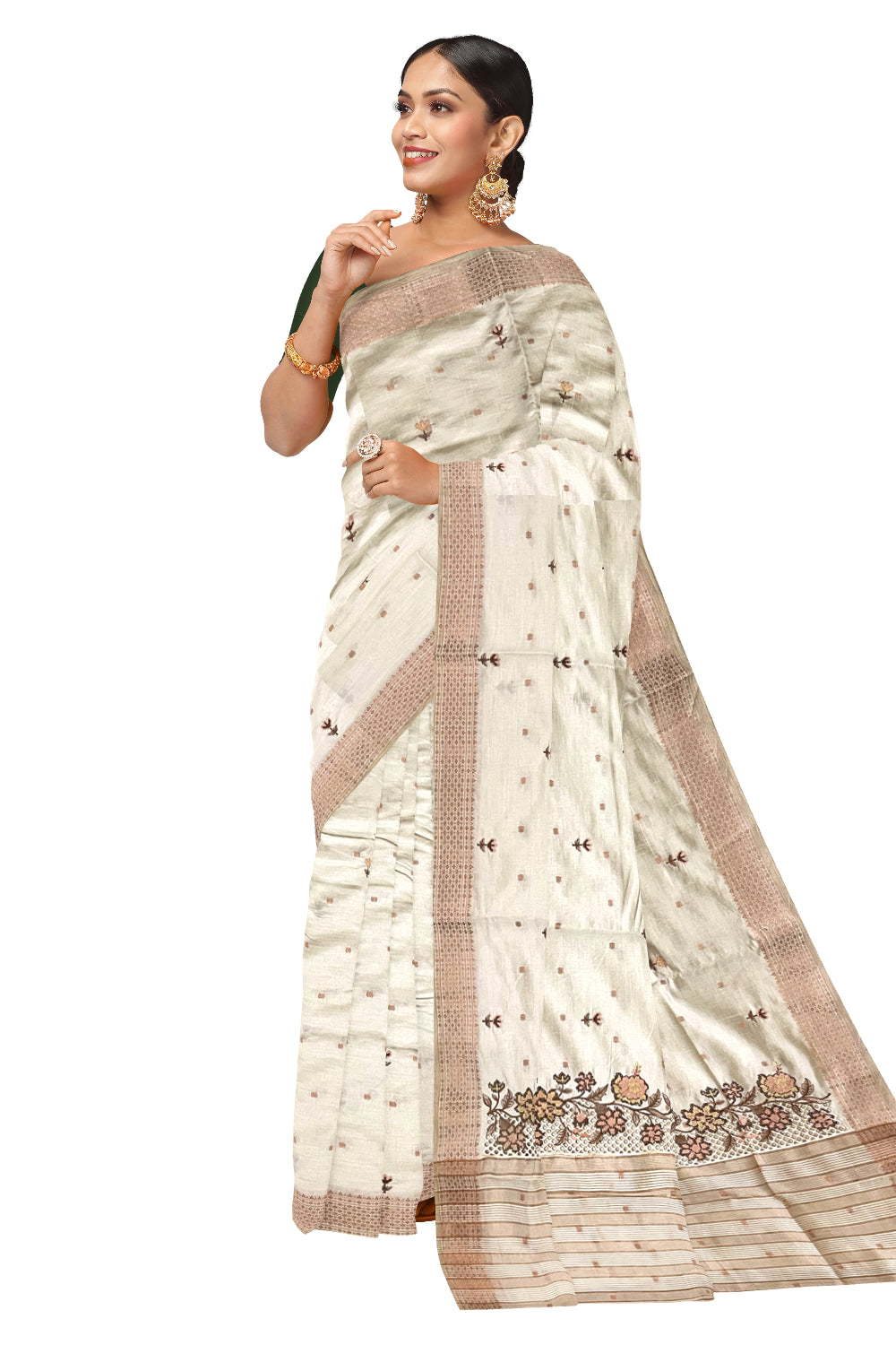 Southloom Off White Thread Work Cotton Saree with Hacoba Floral Designs on Munthani