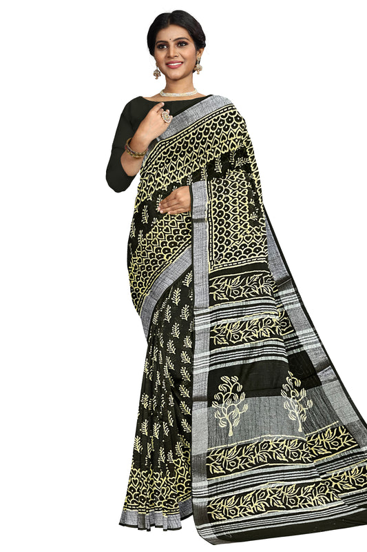 Southloom Linen Green Designer Saree with Floral Prints