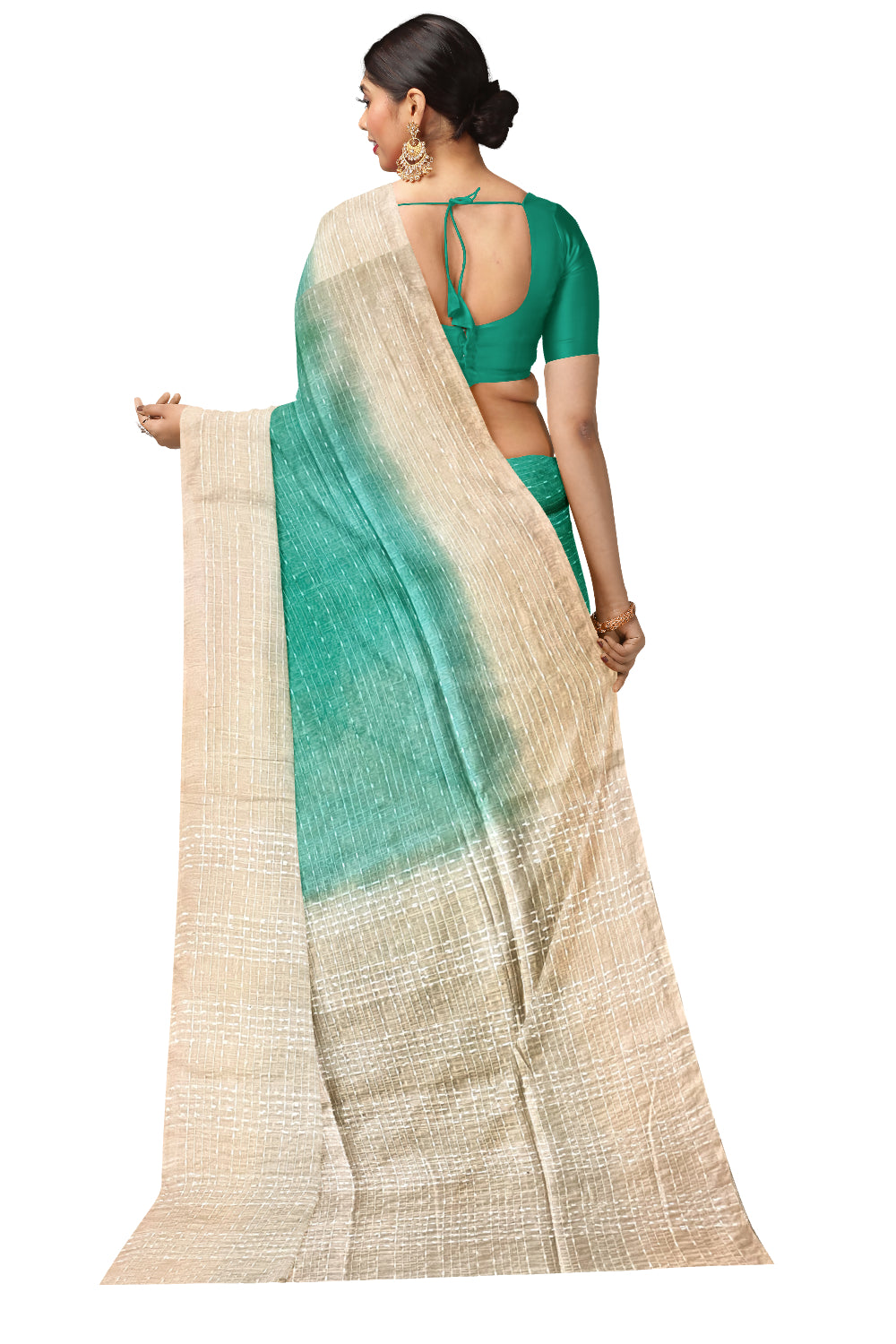 Southloom Semi Organza Check Design Green Saree with Beige Border