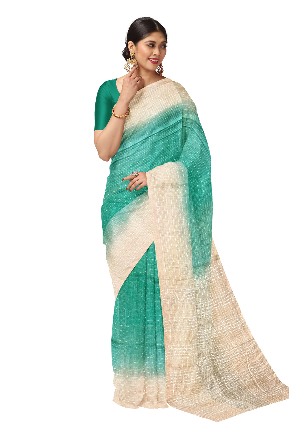 Southloom Semi Organza Check Design Green Saree with Beige Border