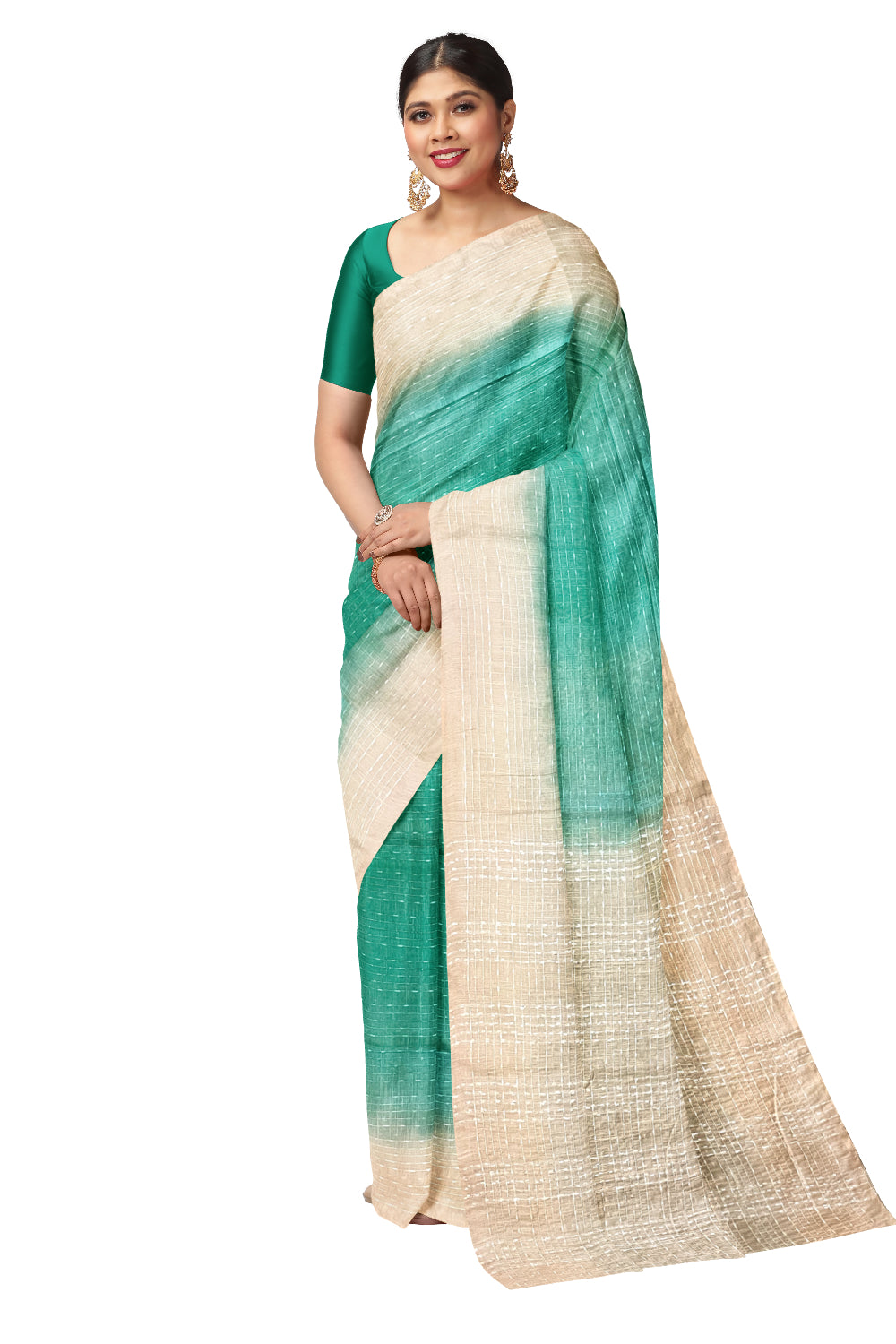 Southloom Semi Organza Check Design Green Saree with Beige Border