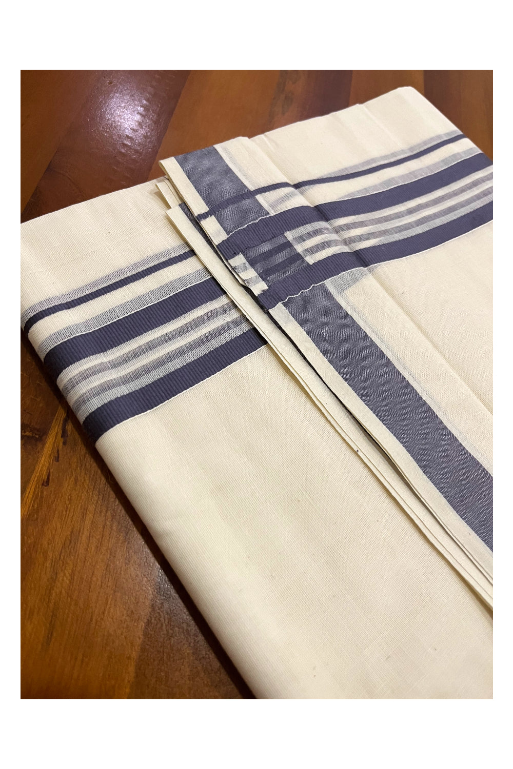 Kerala Cotton Double Mundu with Dark Grey Line Border (Onam Mundu 2023)