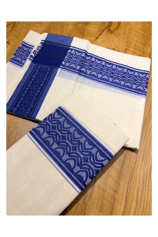 Kerala Cotton Single Set Mundu (Mundum Neriyathum) with Blue Block print Border 2.80Mtrs