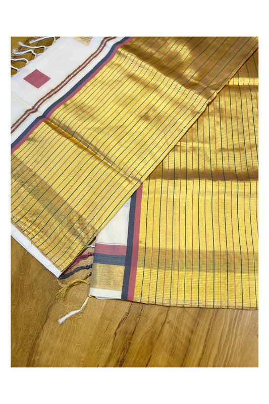 Southloom Premium Handloom Cotton Kasavu Saree with Grey,Pink and Golden Square Woven Motifs