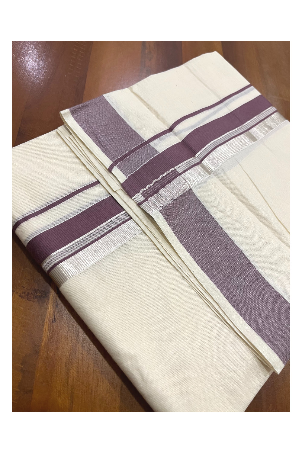 Pure Cotton Kerala Double Mundu with Light Purple and Silver Kasavu Kara (South Indian Kerala Dhoti)