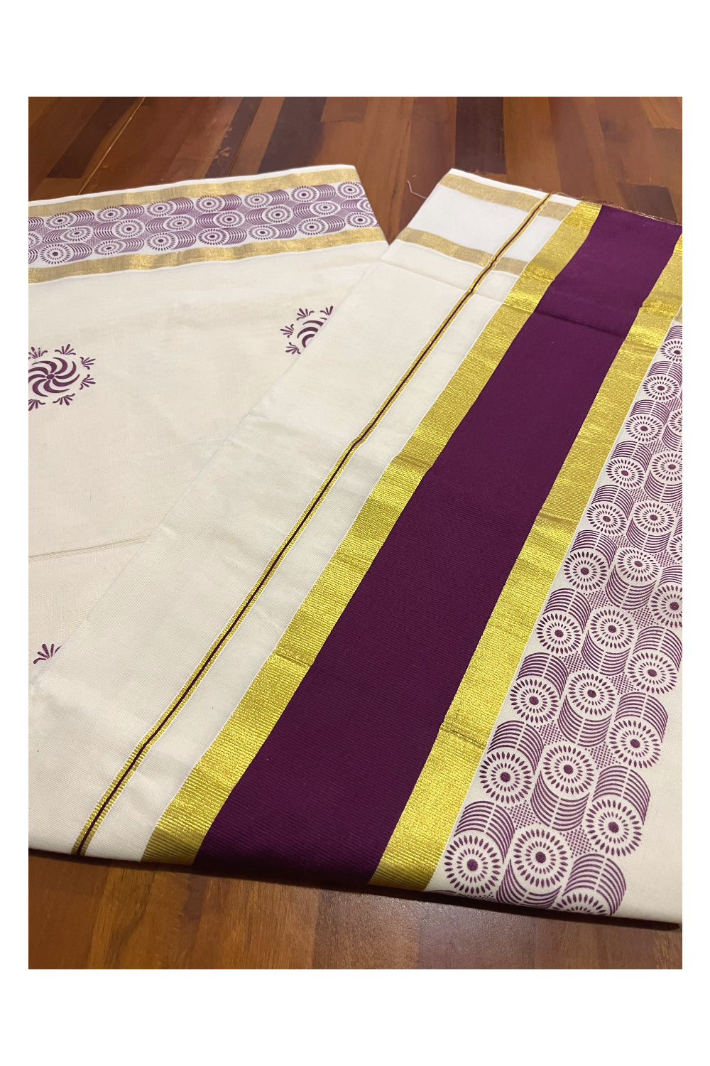 Pure Cotton Kerala Saree with Purple Block Printed Kasavu Border (Onam Saree 2023)