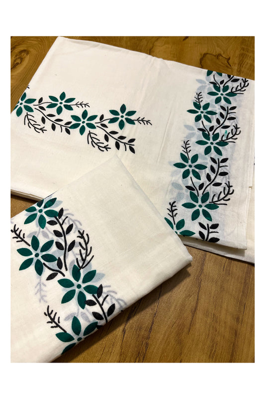 Pure Cotton Kerala Set Mundu (Mundum Neriyathum) with Green Floral Block Printed Border