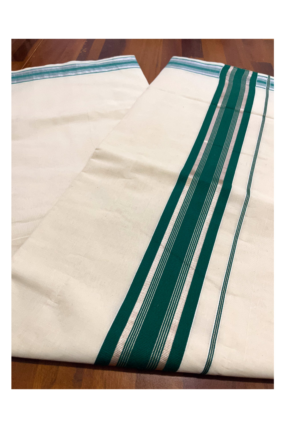 Pure Cotton Kerala Saree with Green and Silver Kasavu Border (Onam Saree 2023)