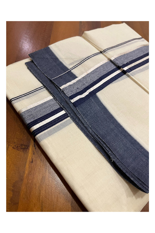 Pure Cotton 100x100 Double Mundu with Silver Kasavu and Dark Blue Border (Onam Mundu 2023)