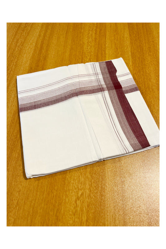 Pure White Cotton Double Mundu with Maroon Lines Border (South Indian Dhoti)