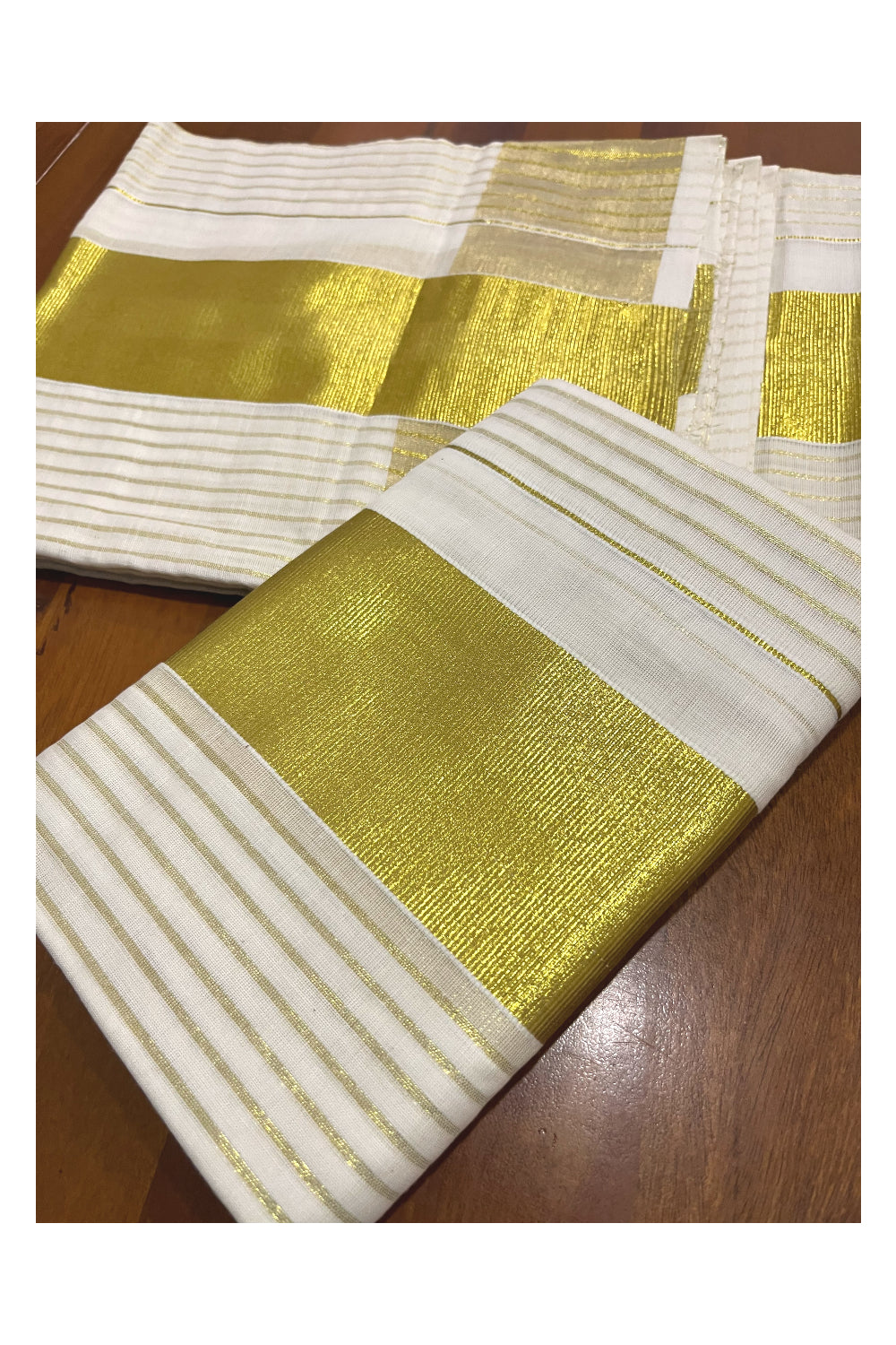 Pure Cotton Set Mundu (Mundum Neriyathum) with Kasavu Woven Lines Design on Body 2.80 Mtrs
