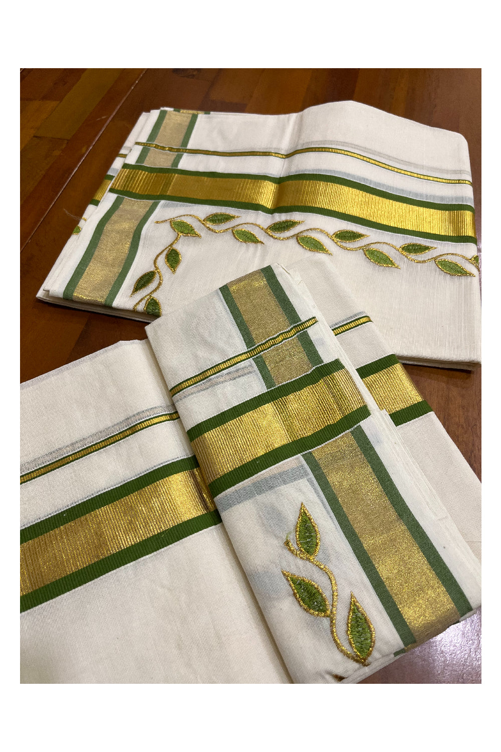 Kerala Cotton Mundum Neriyathum Single (Set Mundu) with Light Green Golden Floral Embroidery Designs in Light Green and Kasavu Border