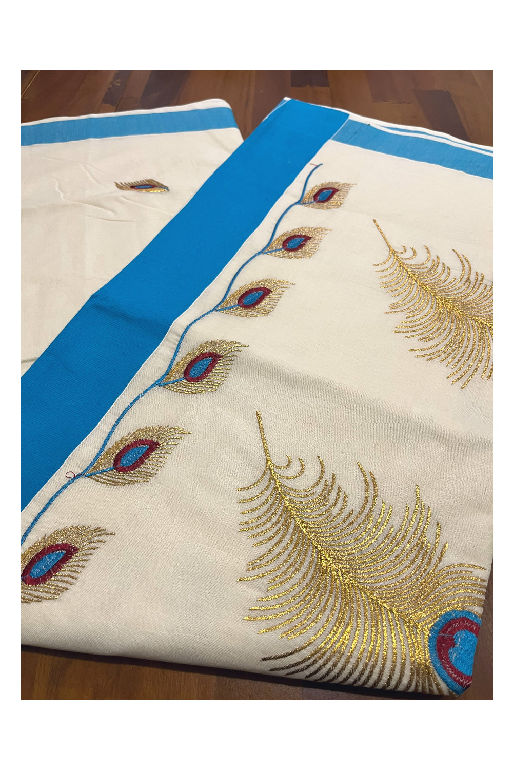 Pure Cotton Kerala Saree with Feather Embroidery Work and Blue Border (Onam Saree 2023)