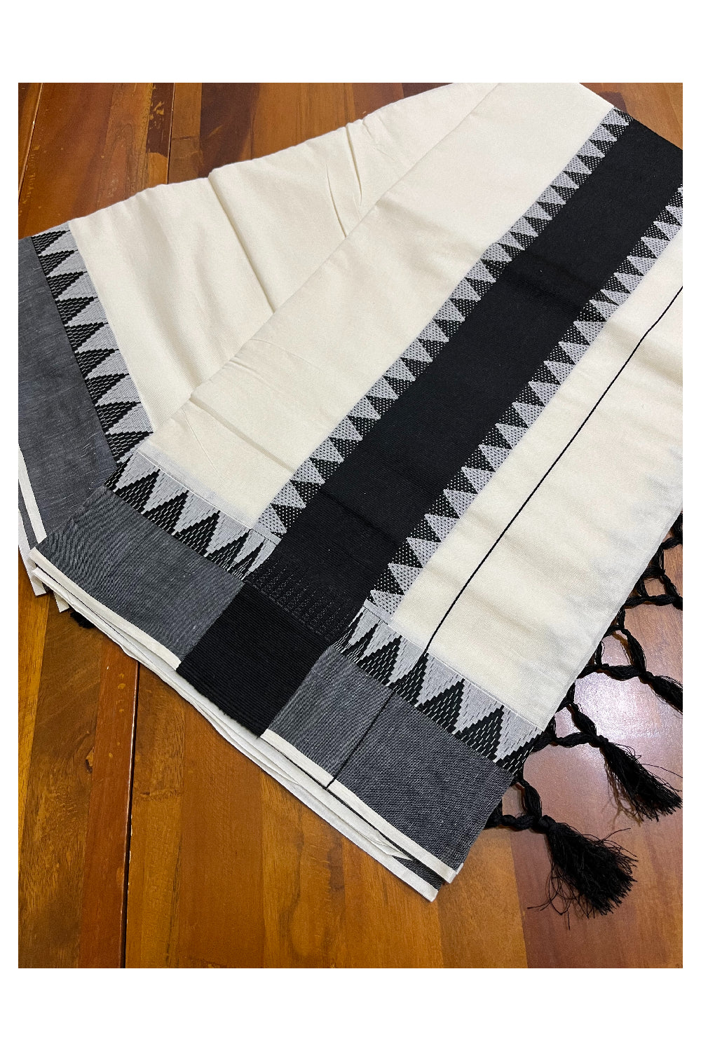 Pure Cotton Kerala Saree with Black Woven Temple Border and Tassels work (Vishu 2024 Collection)