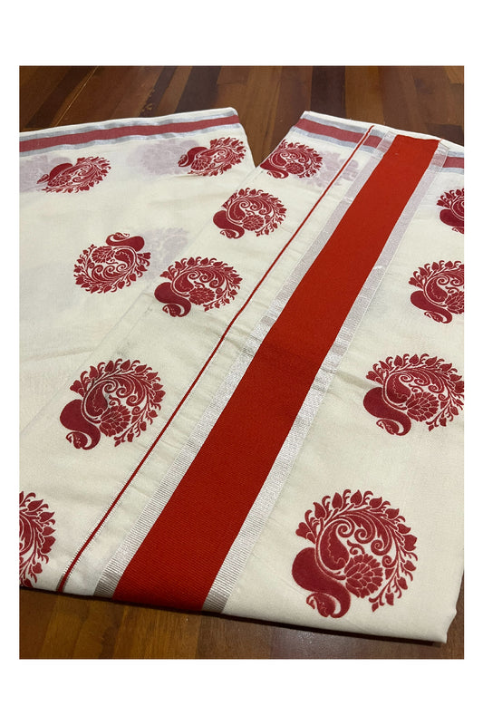 Pure Cotton Off White Kerala Saree with Dark Orange Block Printed Silver Kasavu Border (Onam Saree 2023)