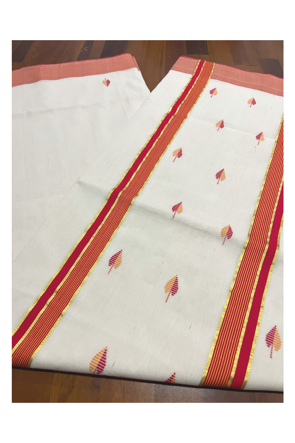 Southloom Balaramapuram Unakkupaavu Handloom Kasavu Saree with Orange Border and Butta Works on Body (Onam Saree 2023)