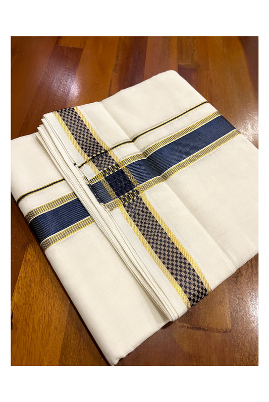 Southloom Premium Handloom Cotton Double Mundu with Navy Blue Kasavu Design Border (South Indian Kerala Dhoti)